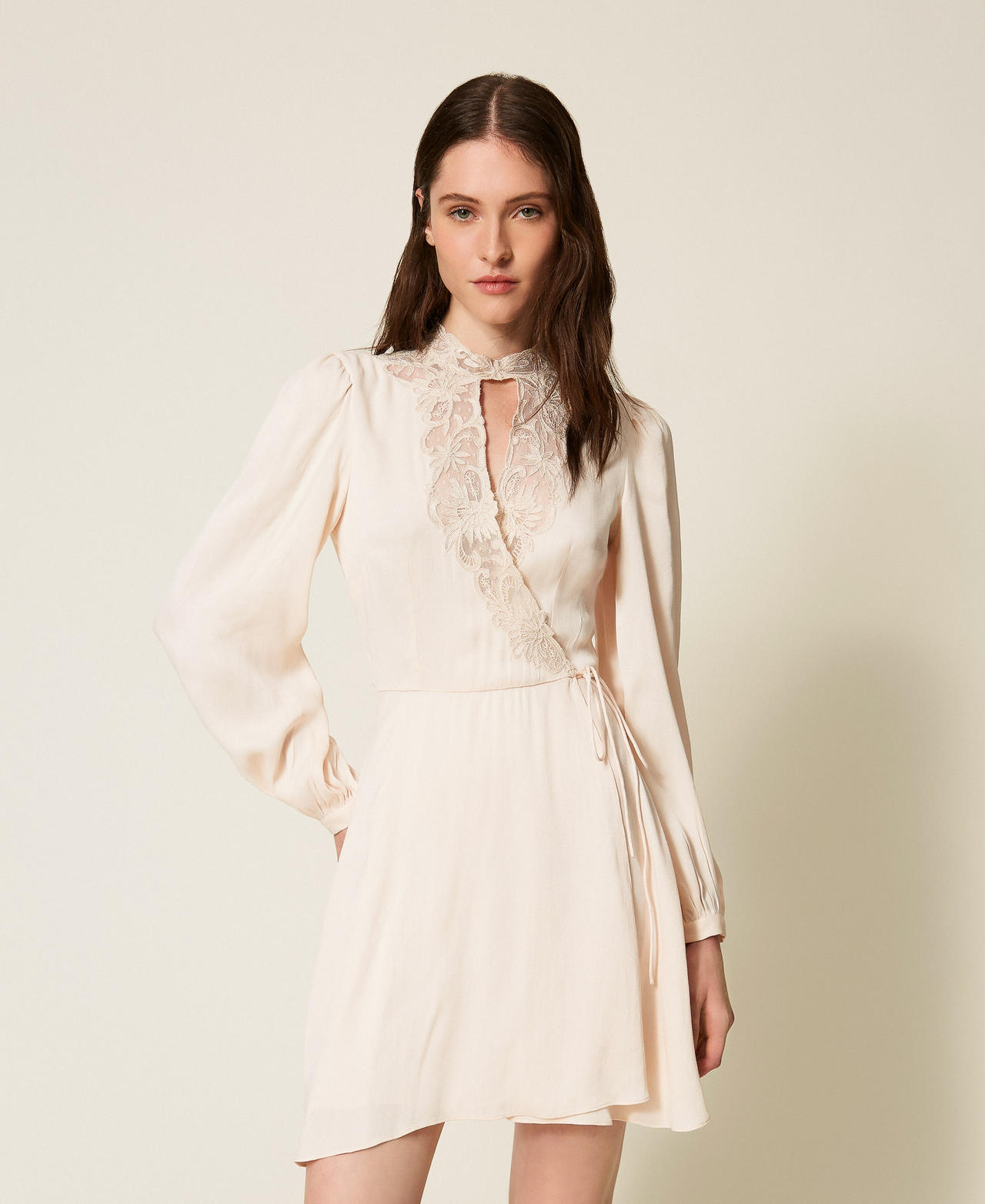 Short satin dress with embroidery Light Natural Woman 252TT2245_12227_01