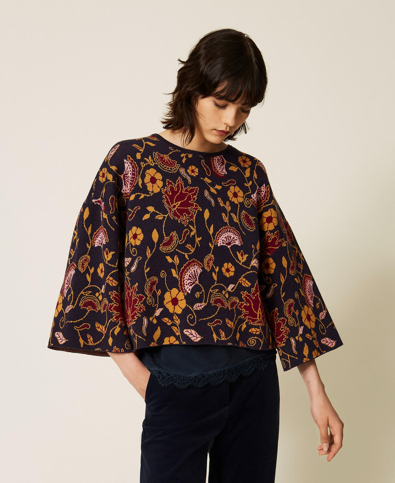 Jacquard floral jumper Fantasy Flowers Jacquard Woman 262AP3080_13766_01