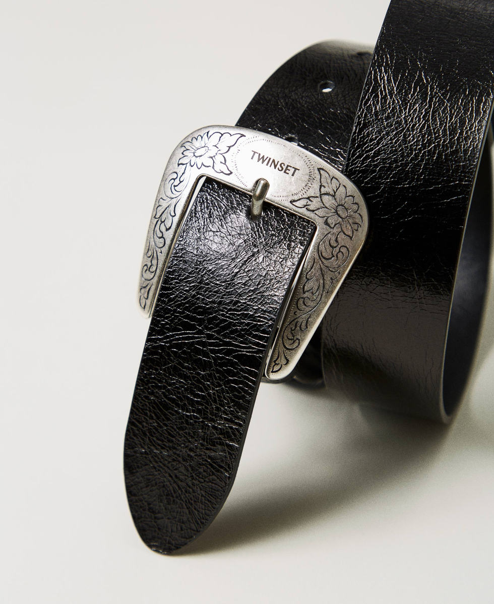 Ceinture en cuir craquel&eacute; avec boucle texane Noir Femme 251TA4530_00006_02