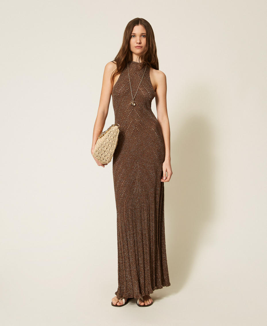 Langes Kleid aus Leinenstrick mit Lurex Coffee Liqueur Lurex Frau 261TT3213_13566_01
