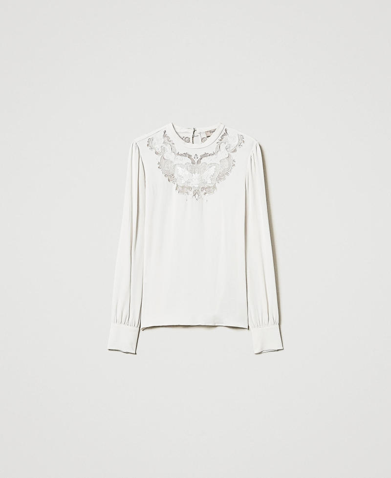 Cr&ecirc;pe blouse with floral embroidery White Cream Woman 242TT2192_11952_S0
