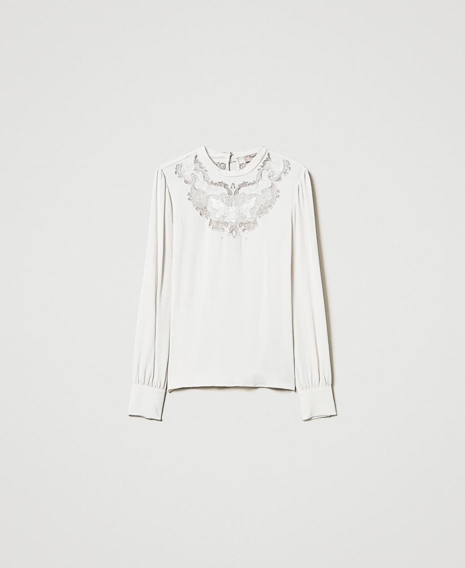 Cr&ecirc;pe blouse with floral embroidery White Cream Woman 242TT2192_11952_S0