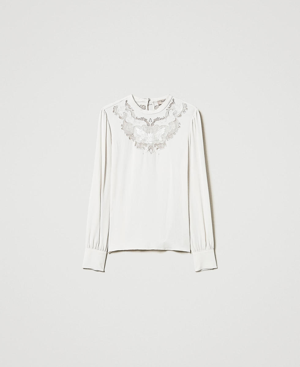 Blouse en cr&ecirc;pe avec broderie florale Blanc &laquo;&nbsp;White Cream&nbsp;&raquo; Femme 242TT2192_11952_S0