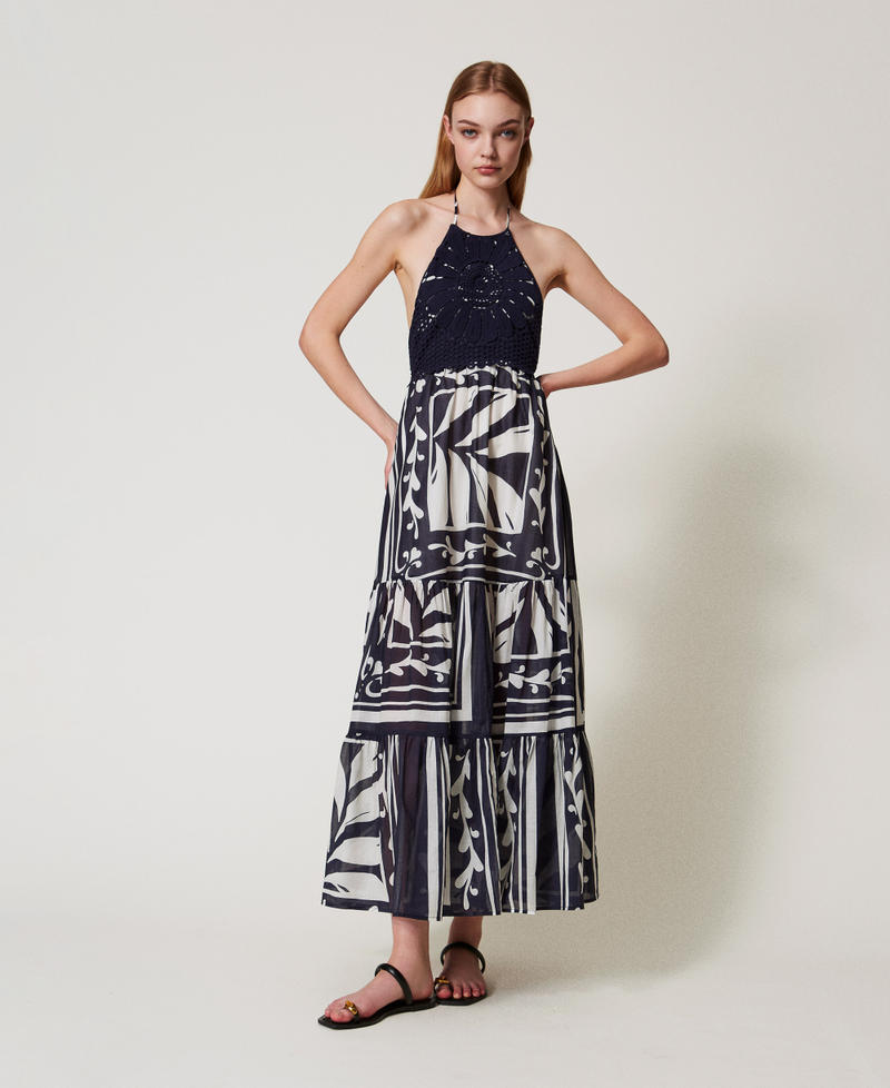 Long dress in muslin and crochet fabric Classic Blue/Classic Blue Foulard Print Woman 251LM2CBB_12489_01