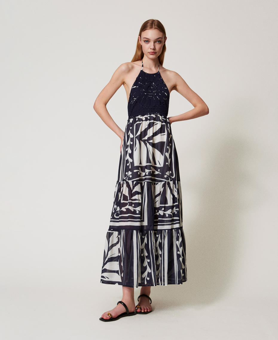 Long dress in muslin and crochet fabric Classic Blue/Classic Blue Foulard Print Woman 251LM2CBB_12489_01