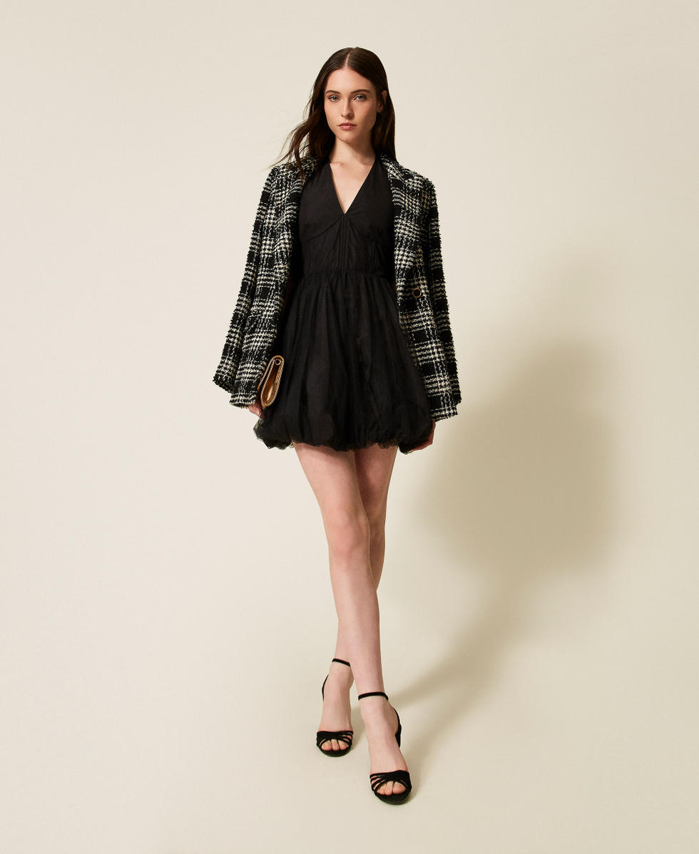 Vestido corto de tafetán y tul Negro Mujer 252TT2283_00006_T0