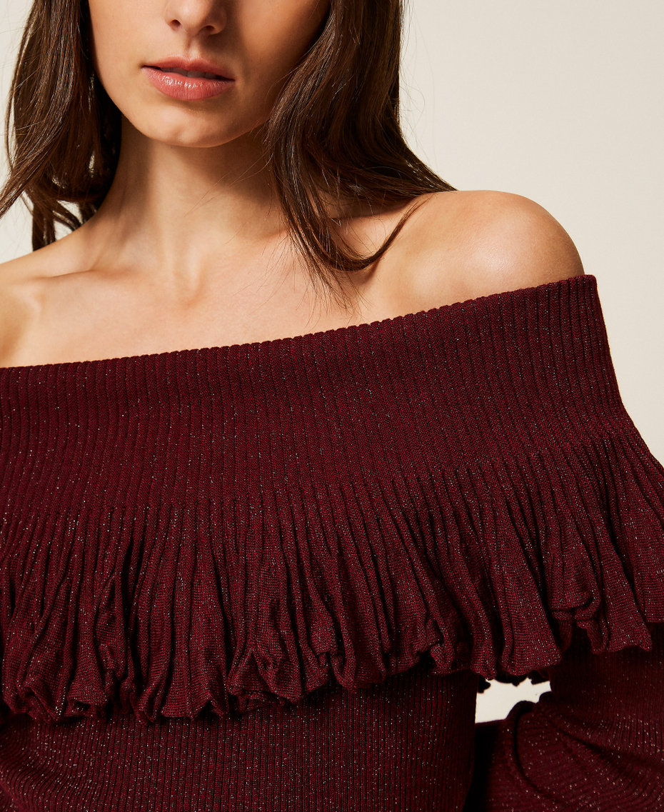 Off-Shoulder-Pullover mit Volant Red Wine Lurex Frau 252LL3LEE_12956_04