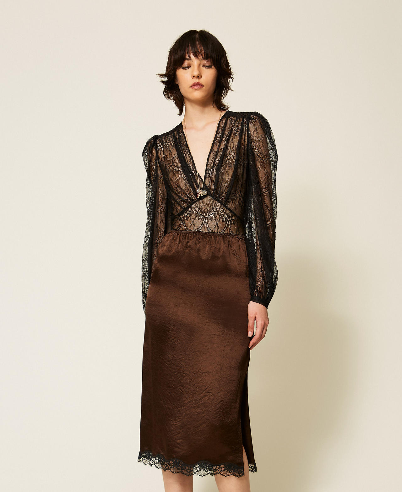 Twinset Women's Two-Tone Darkness Brown/Black Midi Froissé Satin And Lace Skirt