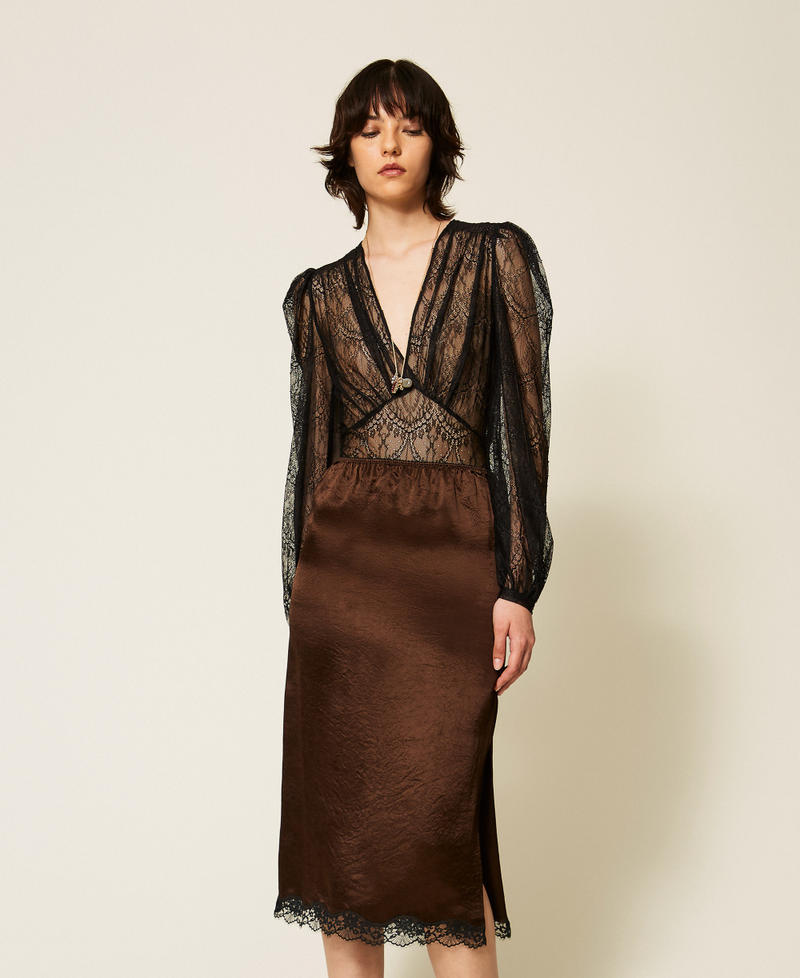 Gonna longuette in raso froiss&eacute; e pizzo Bicolor Darkness Brown / Nero Donna 262TP2111_13853_01