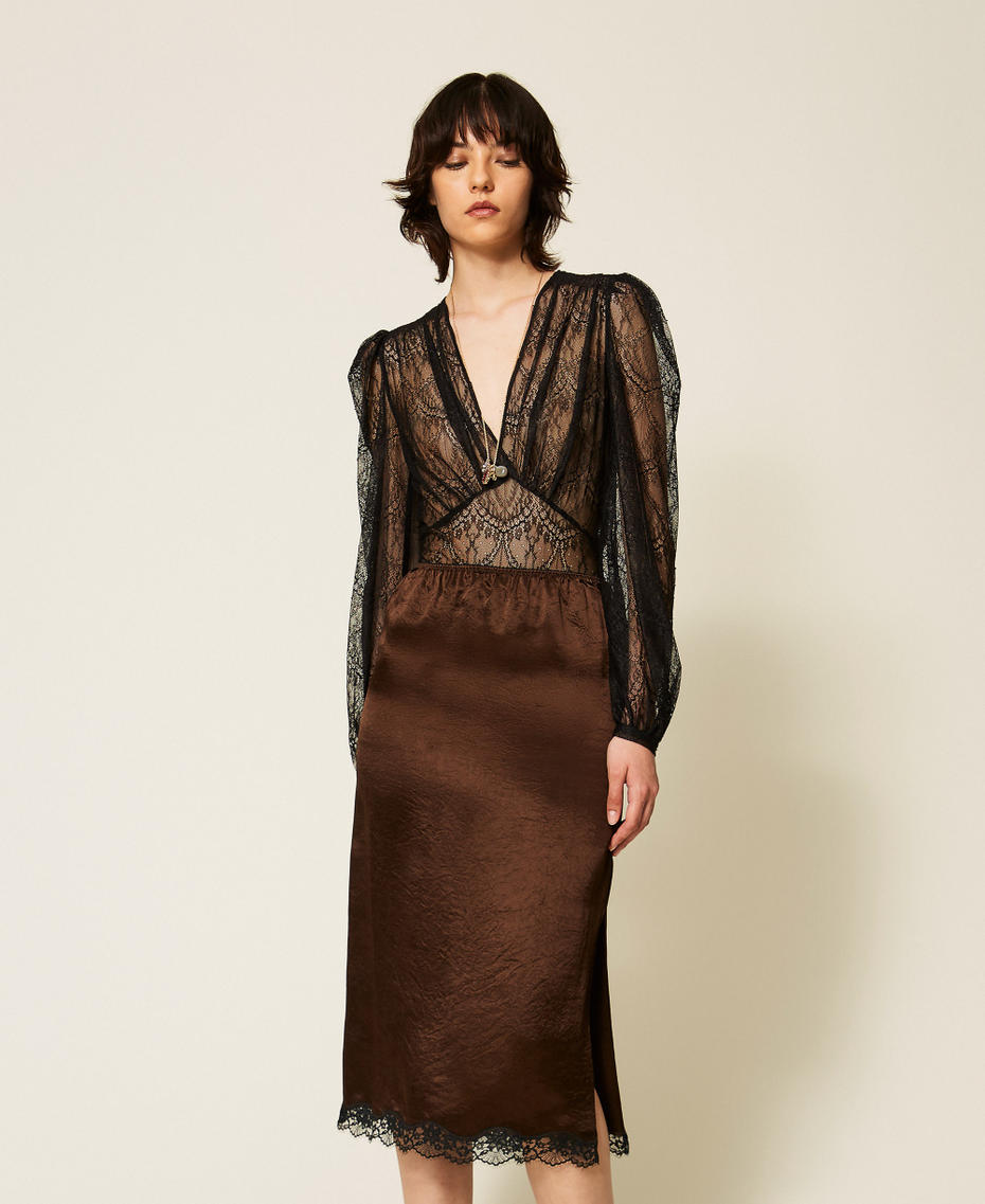 Gonna longuette in raso froiss&eacute; e pizzo Bicolor Darkness Brown / Nero Donna 262TP2111_13853_01