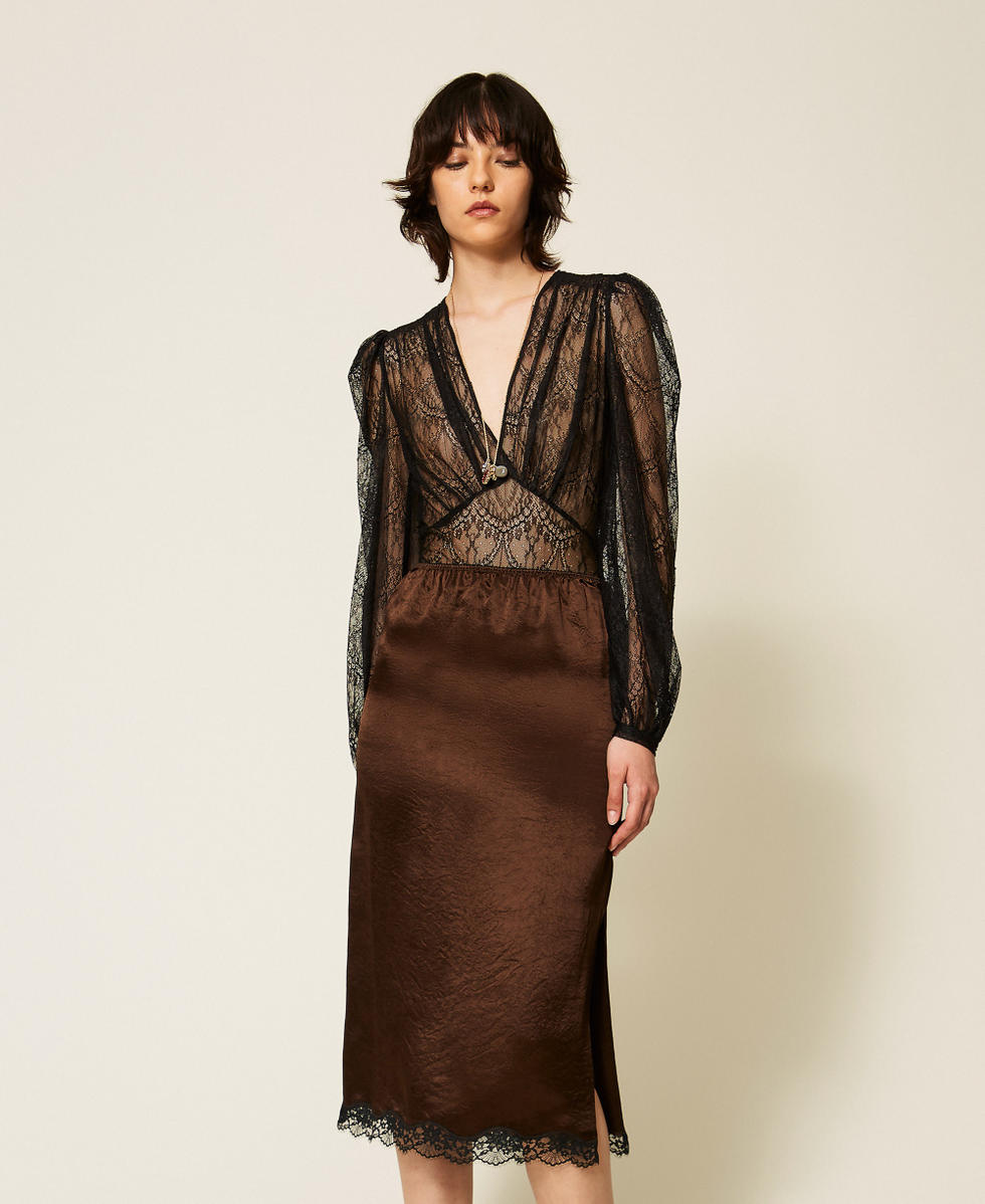 Falda midi de raso froiss&eacute; y encaje Bicolor Darkness Brown / Negro Mujer 262TP2111_13853_01