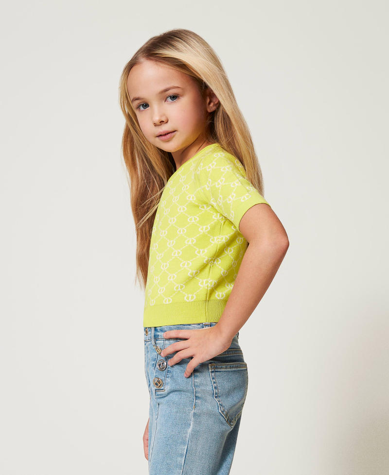 Crew neck jumper with Oval T jacquard Two-tone Yellow Plum/Ice Girl 251GJ3QX1_12190_02