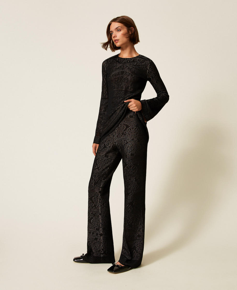 Pantalon &eacute;vas&eacute; en maille ajour&eacute;e Noir Femme 252TP3383_00006_02