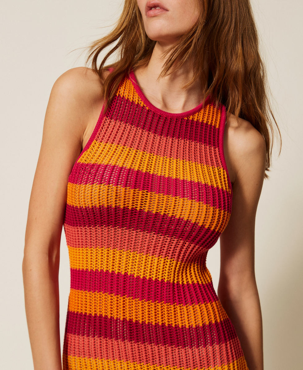 Long striped knit dress Fuchsia/Orange Stripe Mix Woman 261LB3BAA_13377_04
