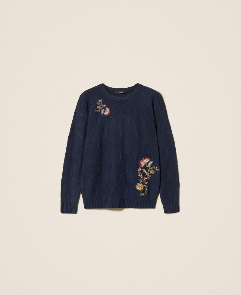 Crew neck wool jumper with floral embroidery Blue Paint Woman 262AP3191_13182_S0