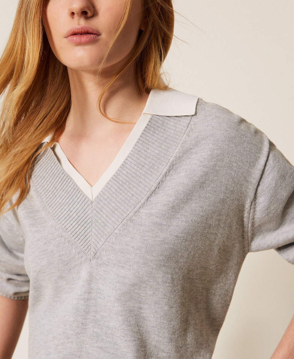 Jumper with collar Two-tone Light Grey Melange/Off White Woman 261LL3MAA_13297_04