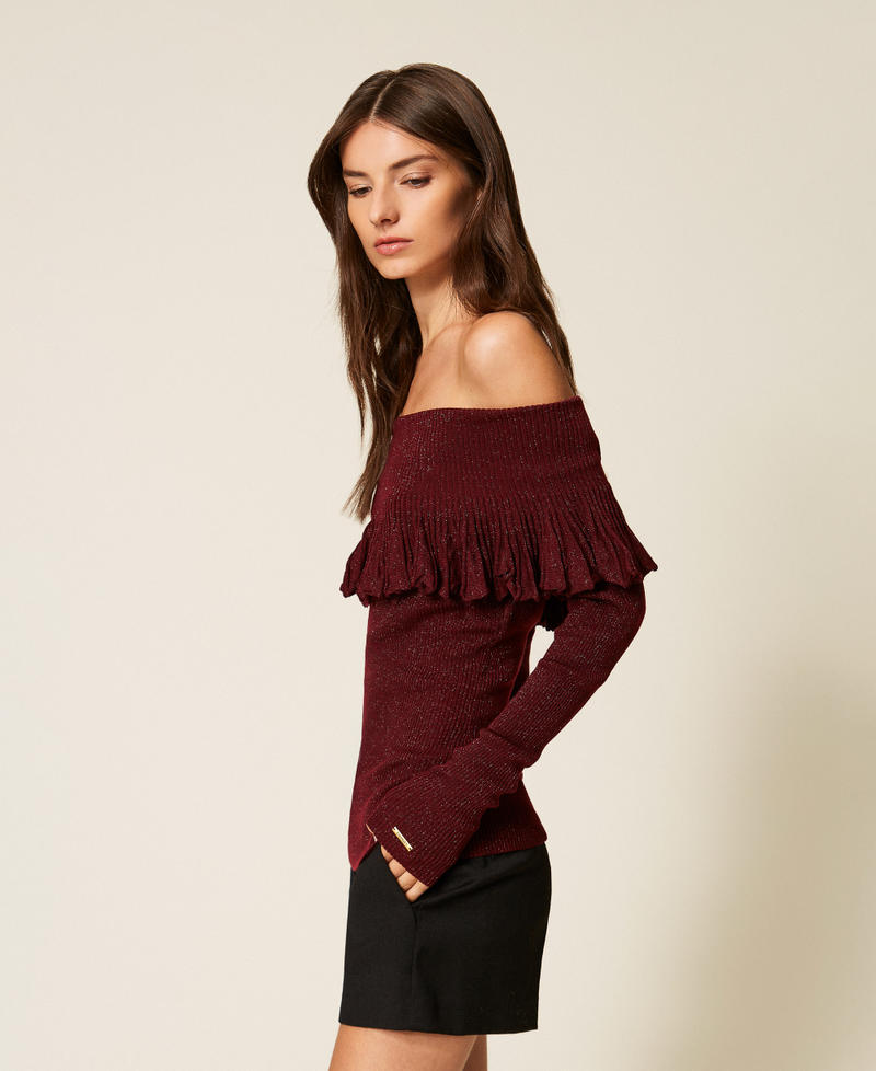 Off-Shoulder-Pullover mit Volant Red Wine Lurex Frau 252LL3LEE_12956_02