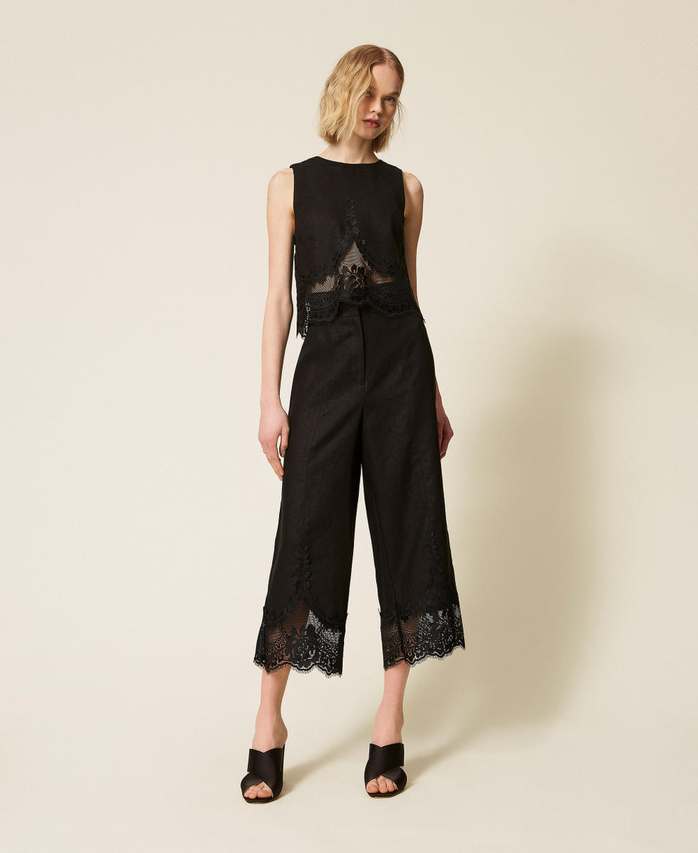 Pantaloni cropped in lino con pizzo Nero Donna 261TT2184_00006_01