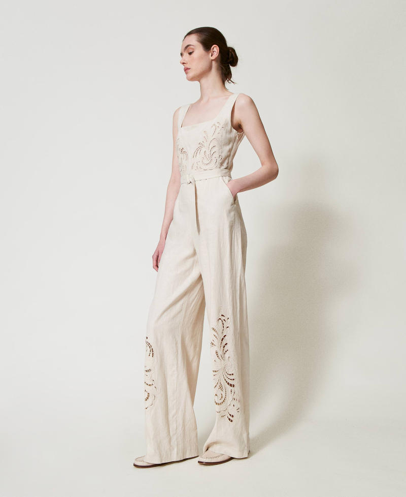 Linen blend jumpsuit with embroidery Mother Of Pearl Woman 251TP2163_00059_02