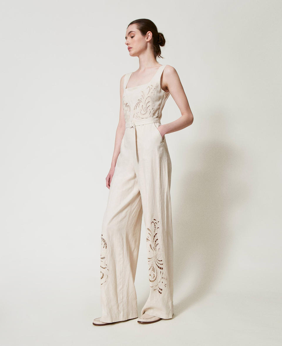 Linen blend jumpsuit with embroidery Mother Of Pearl Woman 251TP2163_00059_02