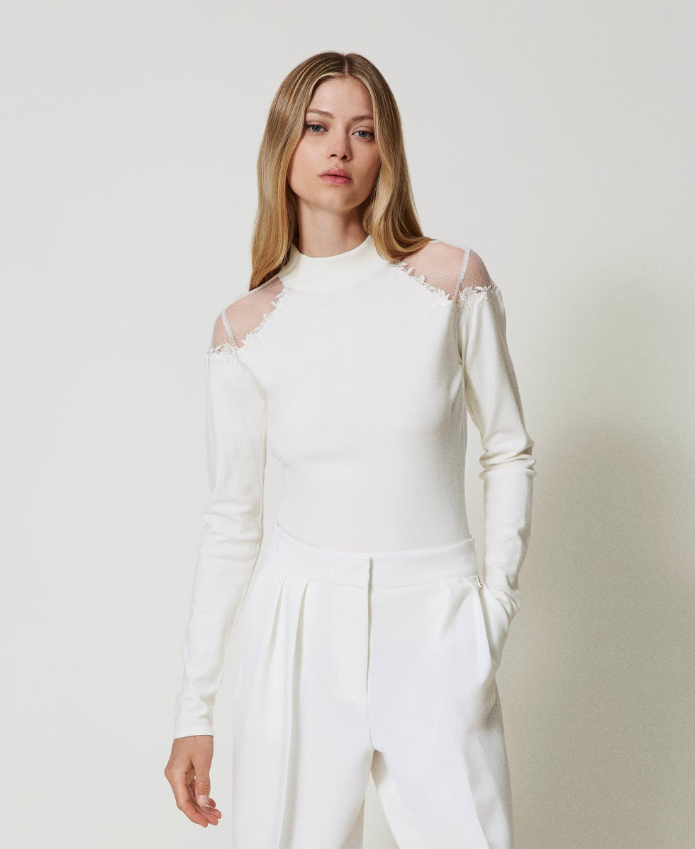 Pull col montant avec tulle et broderie Blanc Antique White Femme 242LL3DAA_00245_01