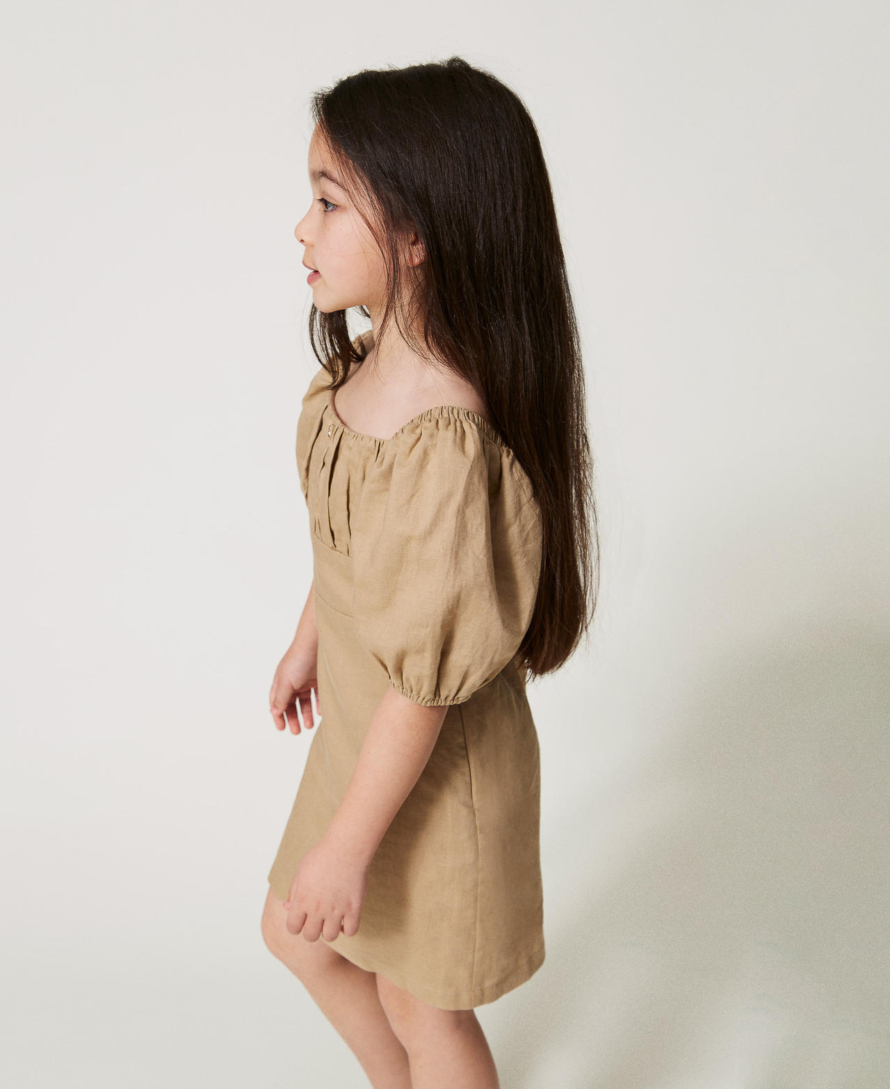 Abito corto in misto lino con pieghe Beige Canapa Bambina 251GJ2406_00310_02