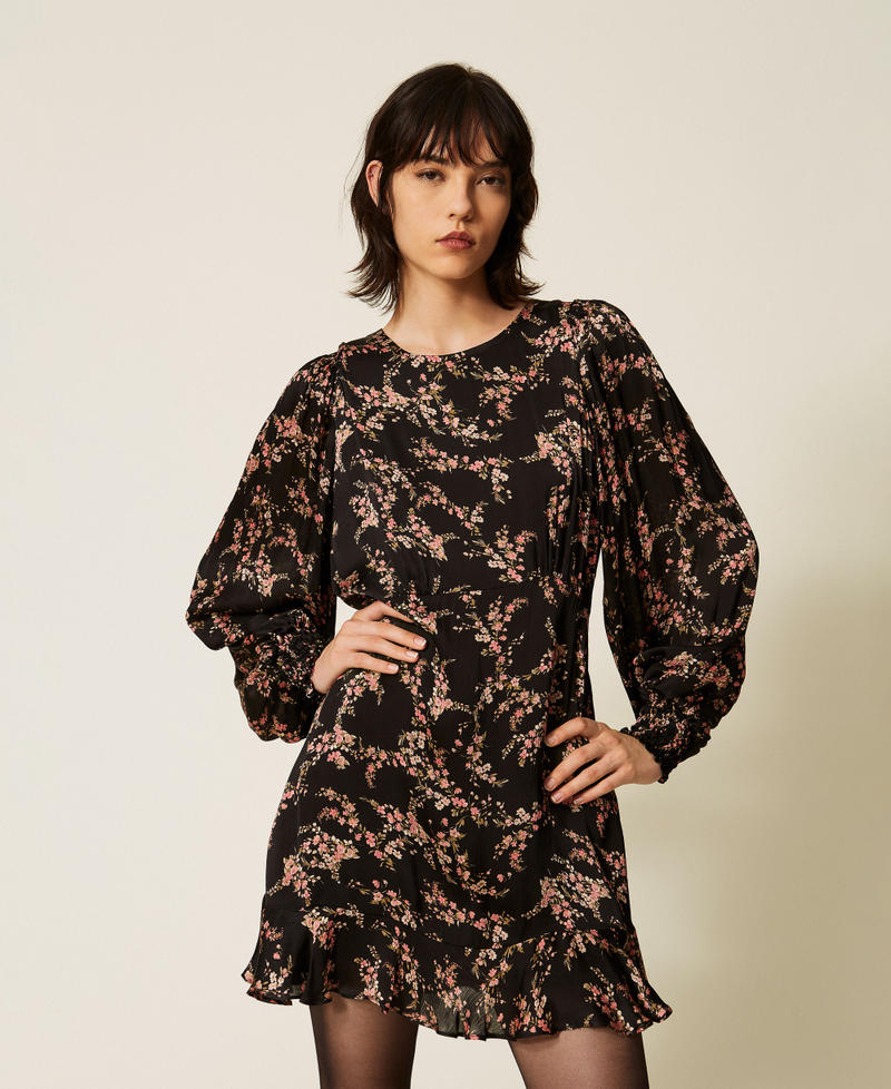 Robe courte en satin cr&eacute;pon floral Imprim&eacute; Petites Fleurs Noir/Rose Femme 262TP275J_13700_02