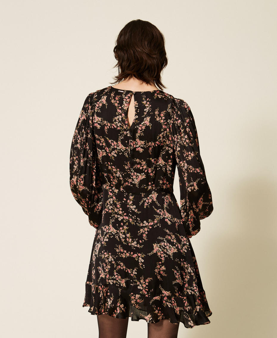 Robe courte en satin cr&eacute;pon floral Imprim&eacute; Petites Fleurs Noir/Rose Femme 262TP275J_13700_04