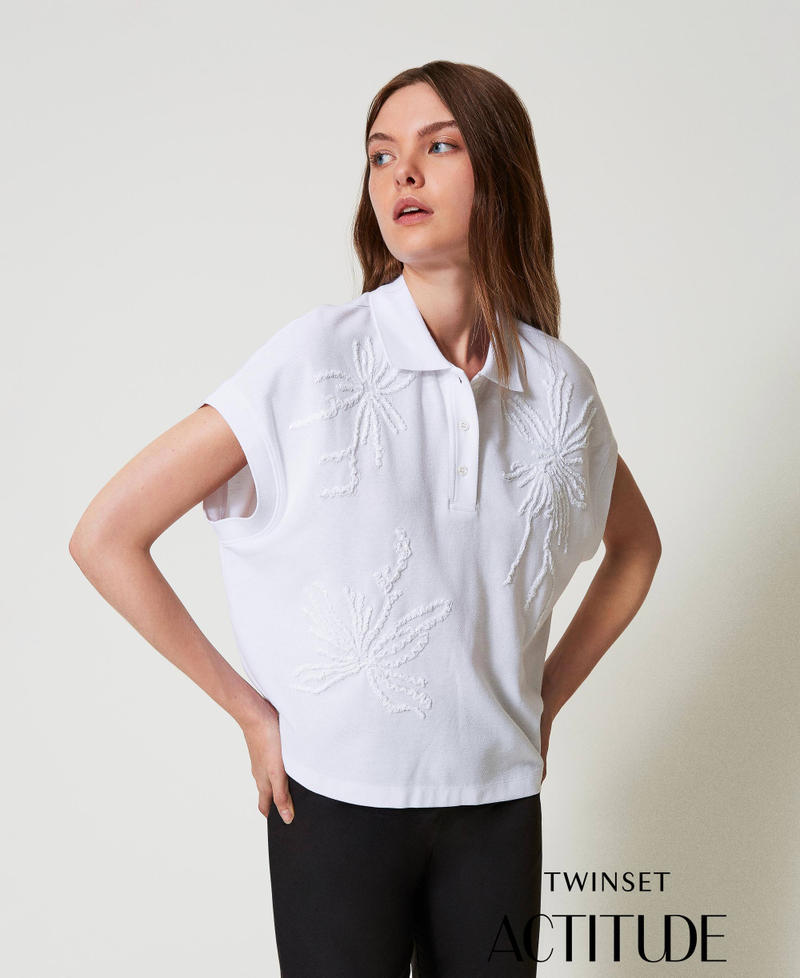 Pique polo T-shirt with embroidery "Papers" White Woman 251AP2180_00840_PA