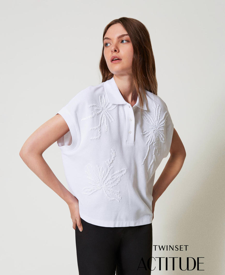 Pique polo T-shirt with embroidery "Papers" White Woman 251AP2180_00840_PA