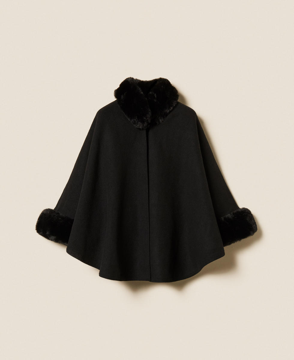 Wool cloth and faux fur poncho