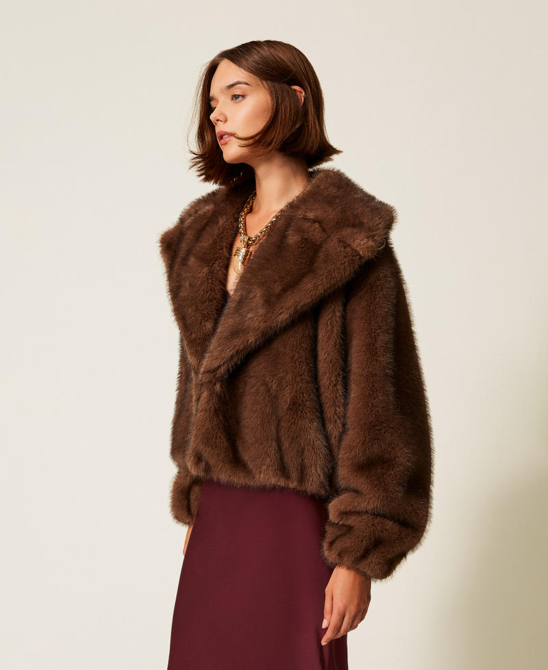 Cropped faux fur jacket Soft Beaver Brown Woman 252AT2191_12969_01