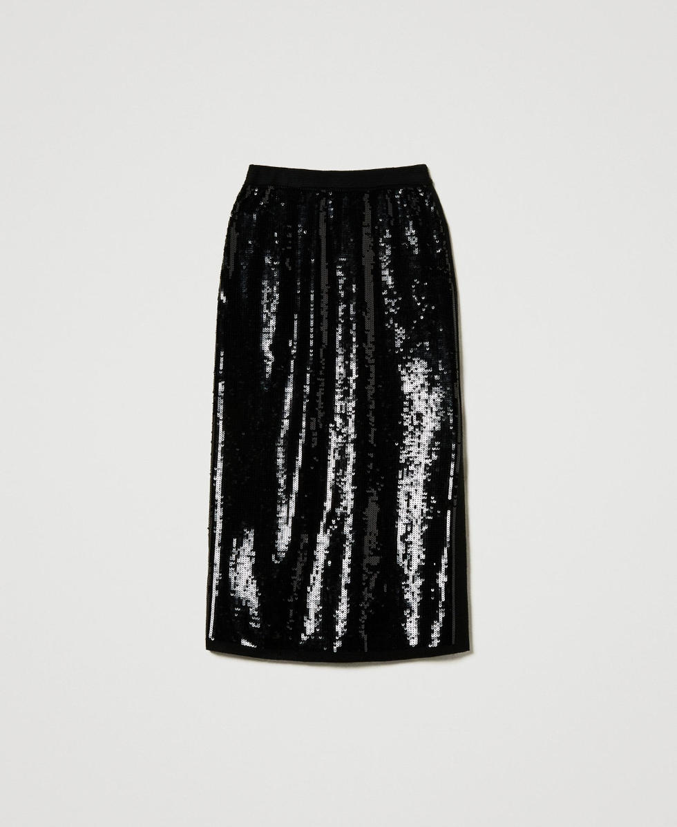 Jupe mi-longue en maille avec sequins all-over Noir Femme 242TT3142_00006_S0