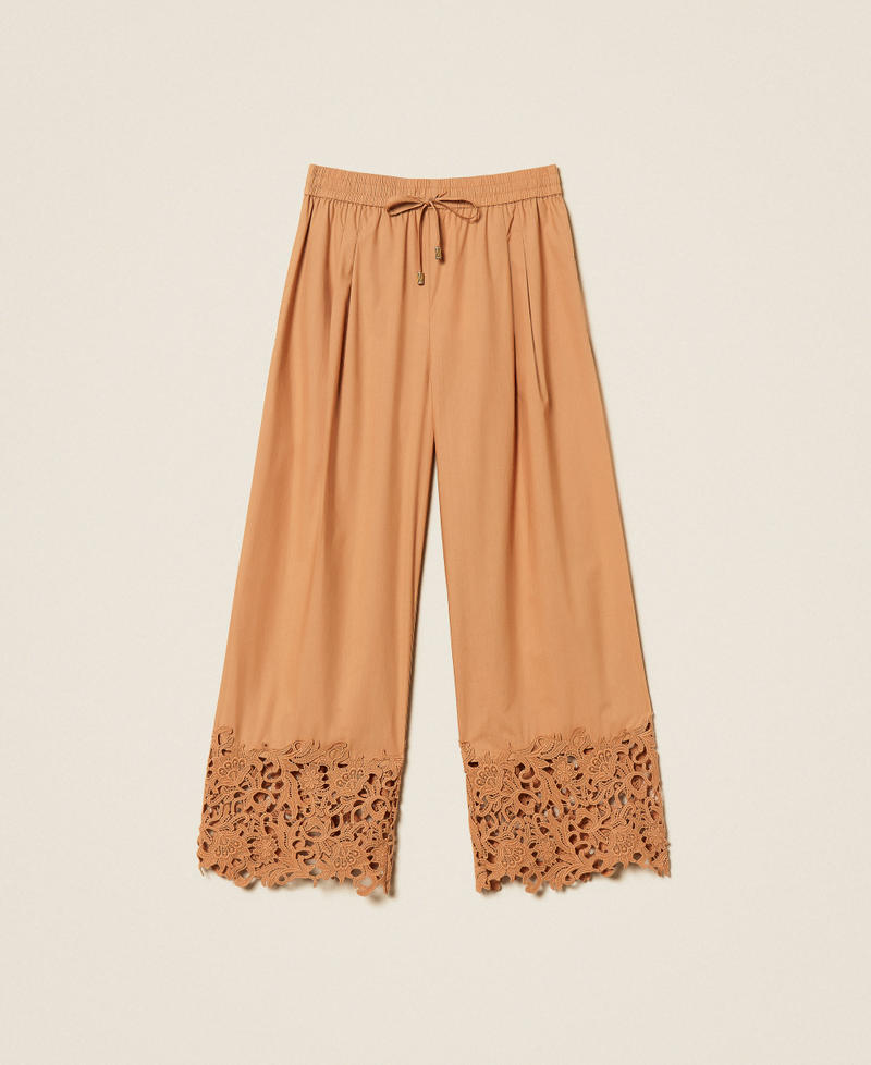 Weite Hose aus Popeline mit Makramee &bdquo;Hazelnut&ldquo;-Braun Frau 261LB2ADD_10282_S0
