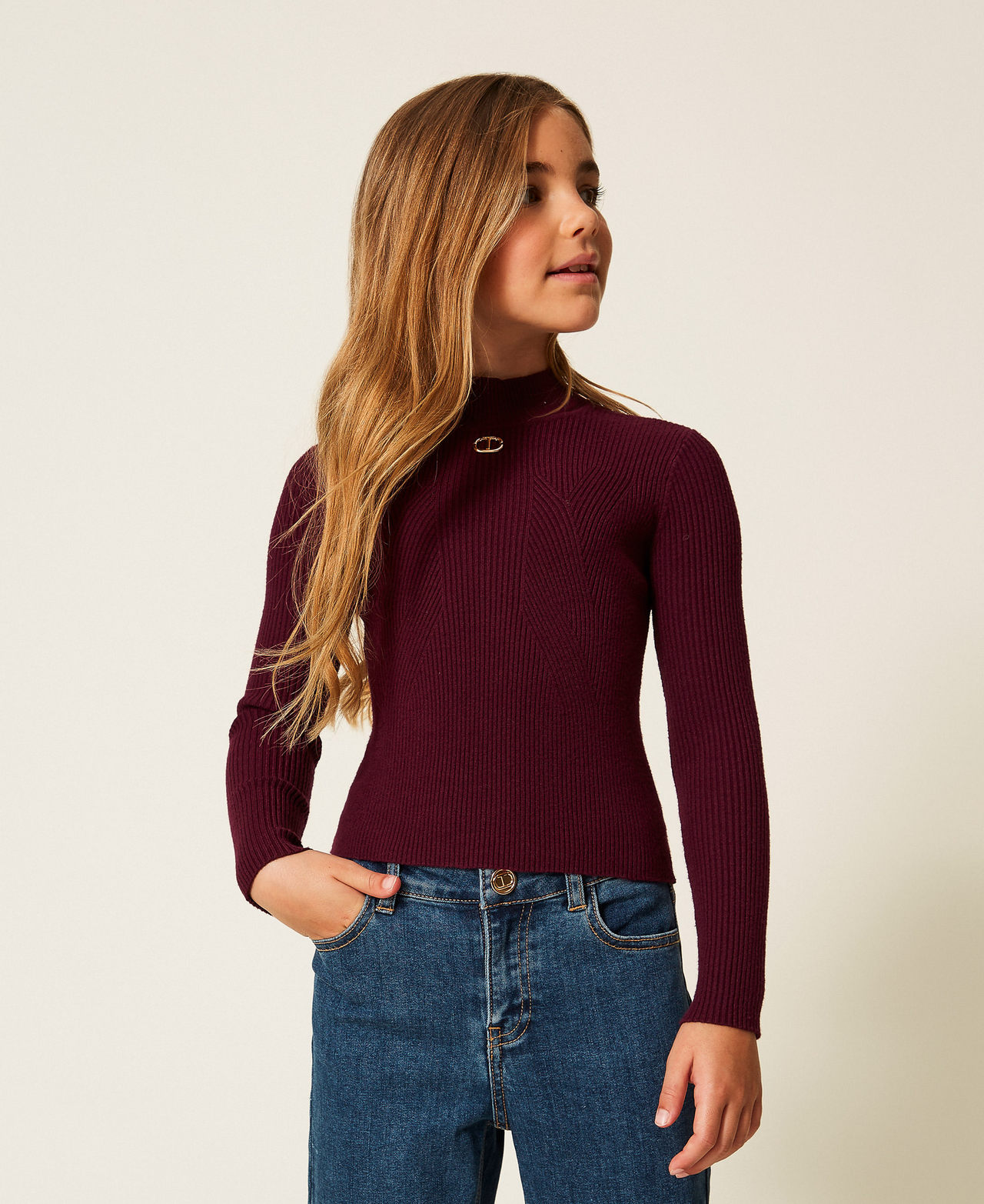 Pull col montant côtelé avec Oval T Rouge Bordeaux Fille 252GJ3042_04218_01