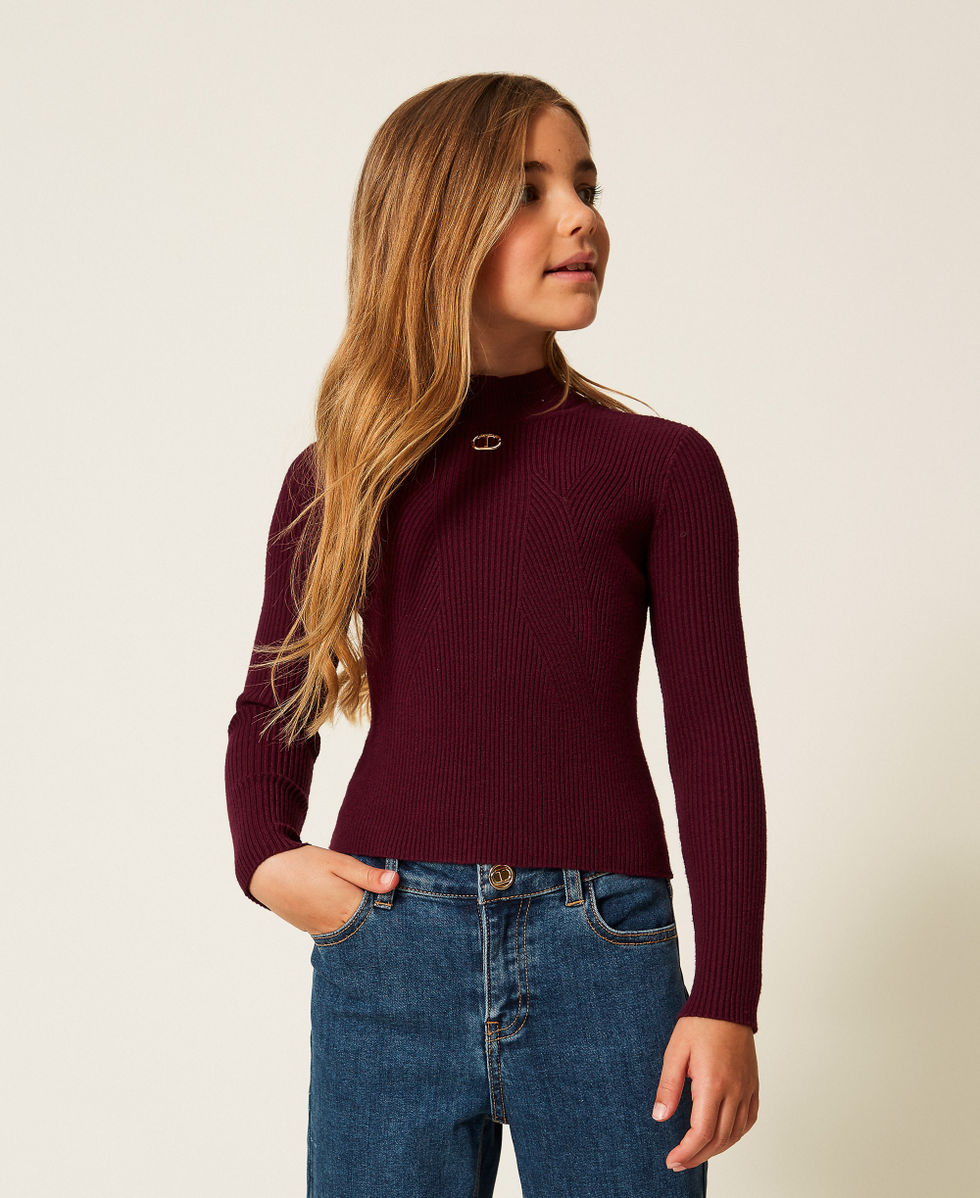 Rib knit turtleneck jumper with Oval T Burgundy Red Girl 252GJ3042_04218_01
