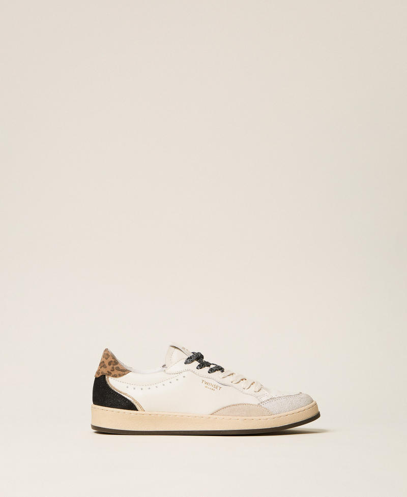 Leather trainers with logo and laminated inserts Two-tone Off White/Leopard Print Woman 262TCP098_13711_01
