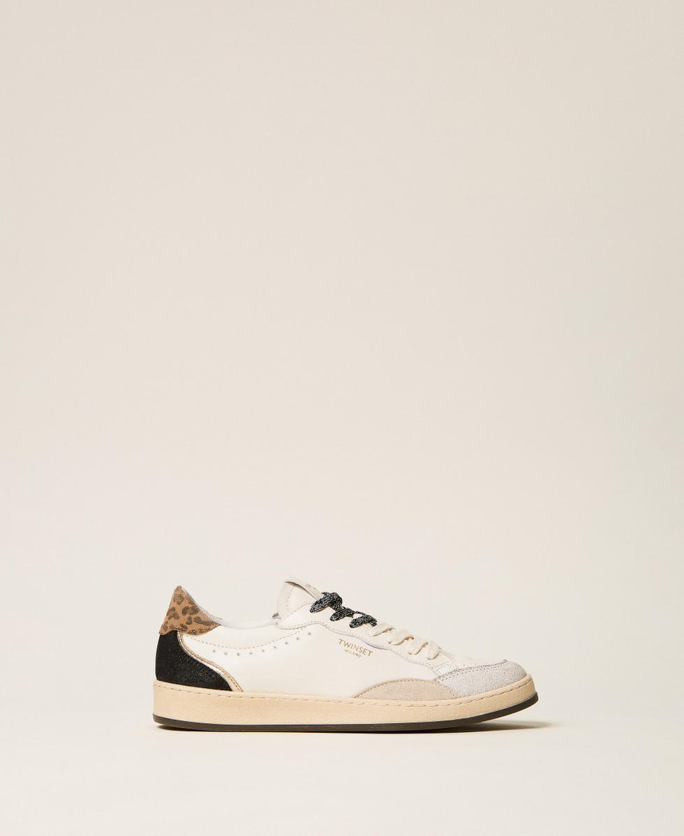 Sneakers in pelle con logo e inserto laminato Bicolor Off White / Stampa Leopardo Donna 262TCP098_13711_01