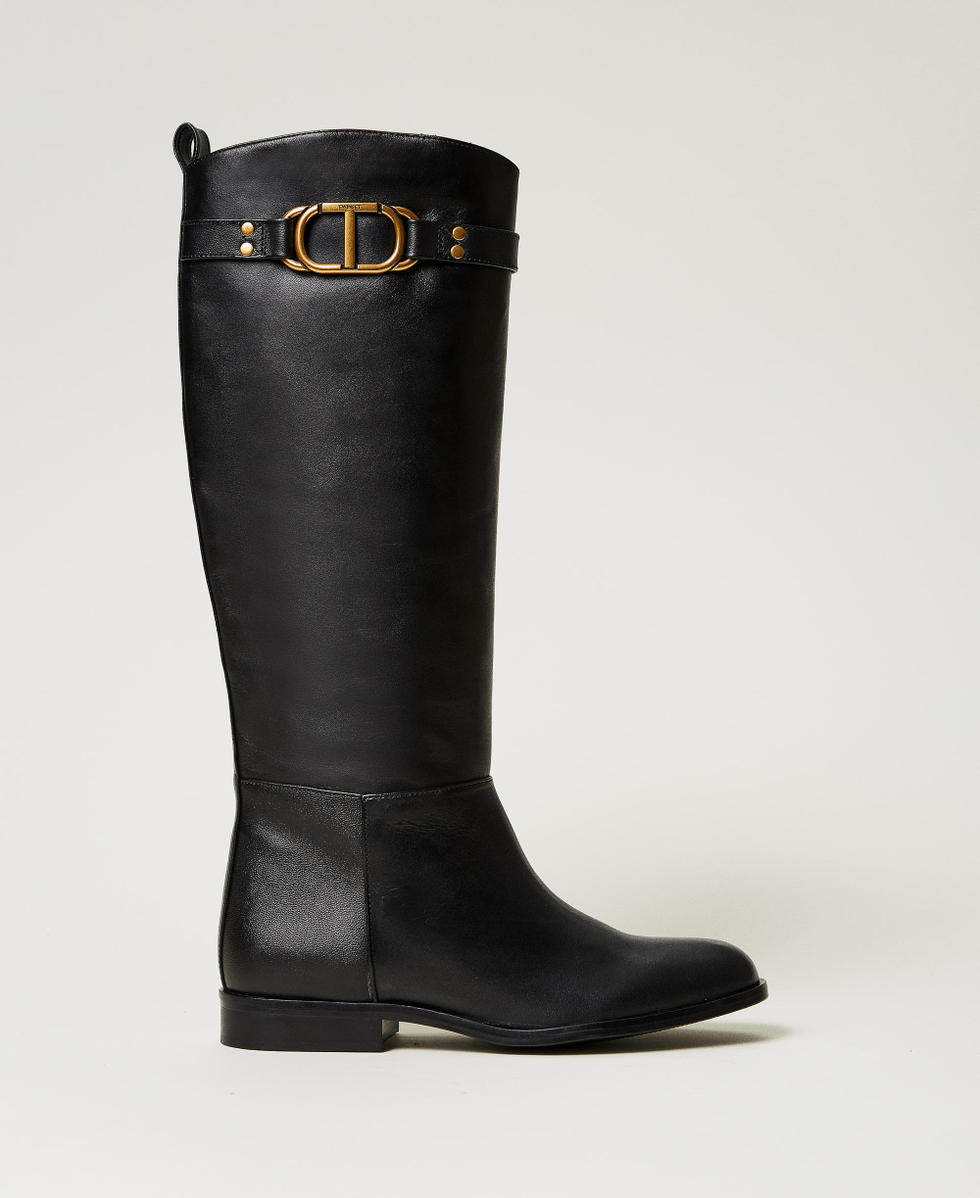 High leather boots with Oval T Woman Black TWINSET Milano