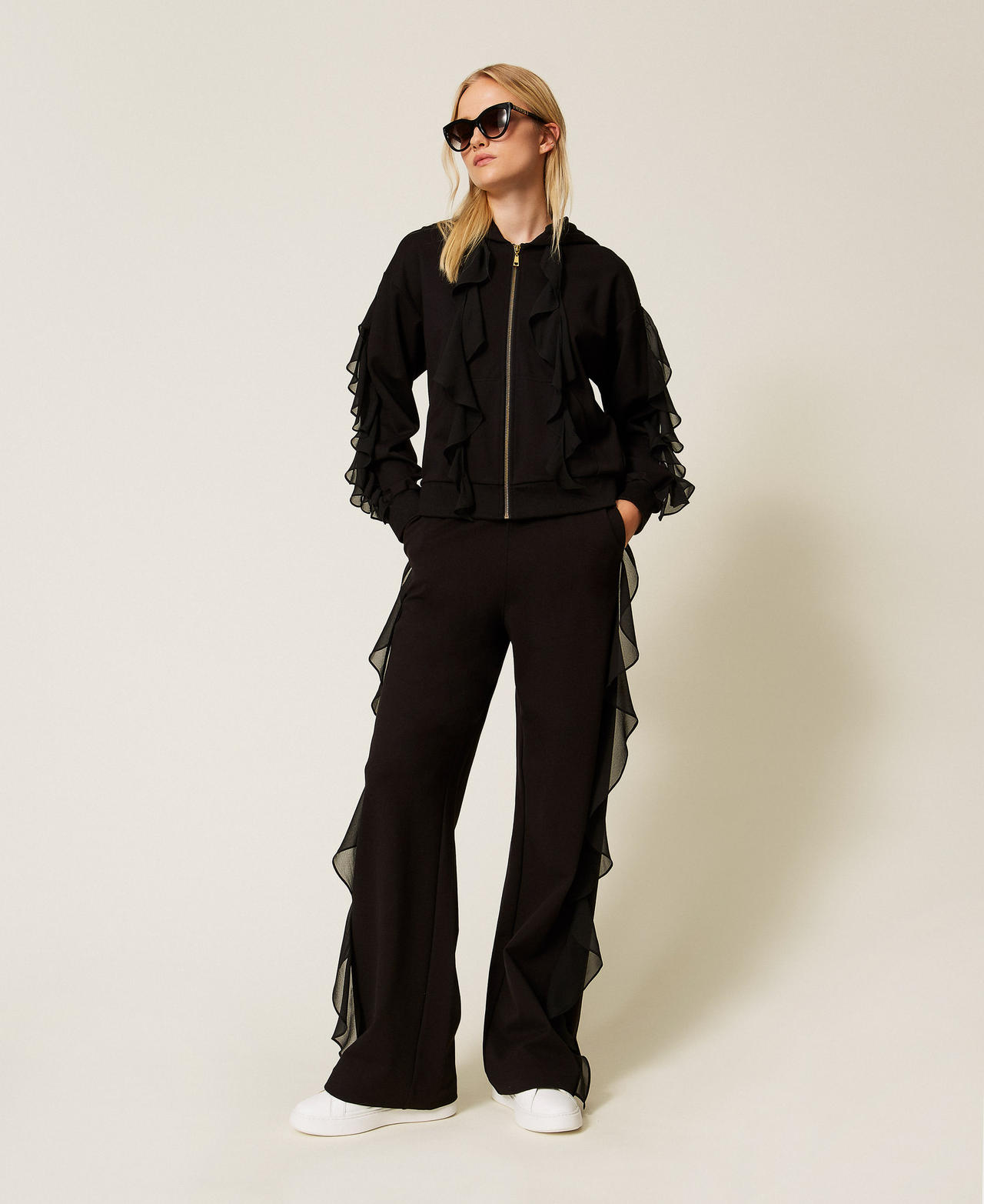 Trousers with georgette ruffles Black Woman 252LI2NCC_00006_01