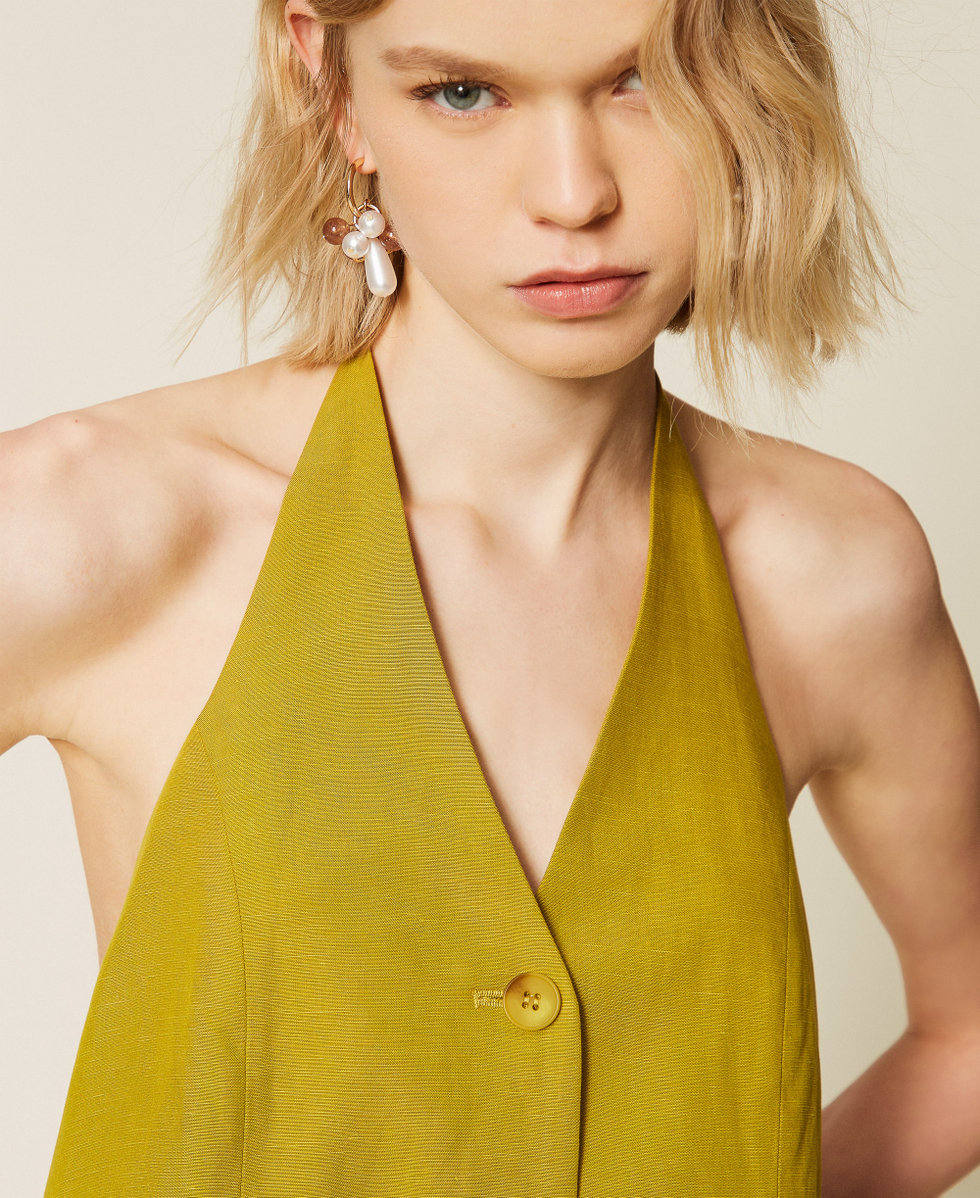 Linen blend halter waistcoat Avocado Oil Green Woman 261TT2551_12117_04