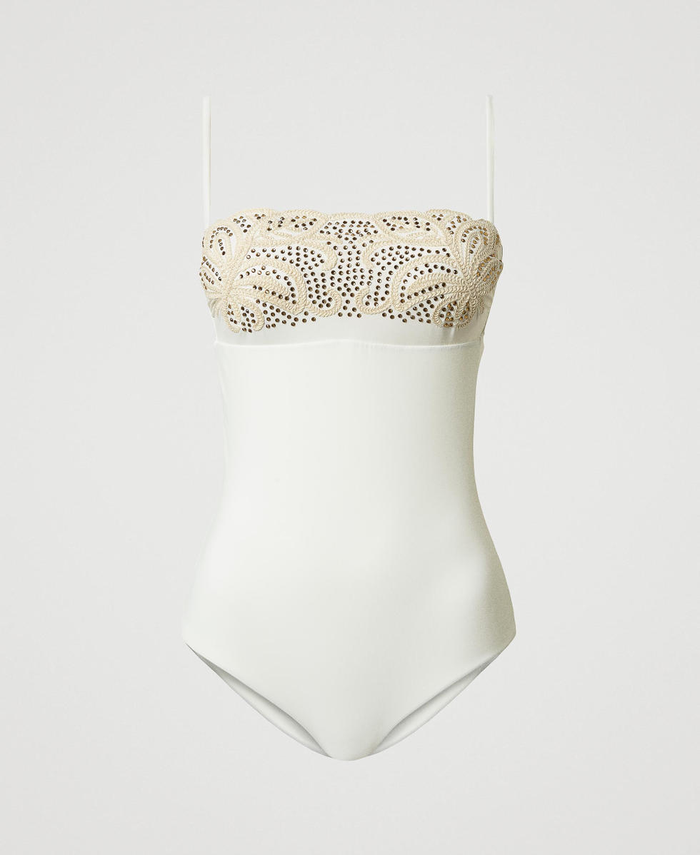 One-piece swimsuit with embroidery and rhinestones
