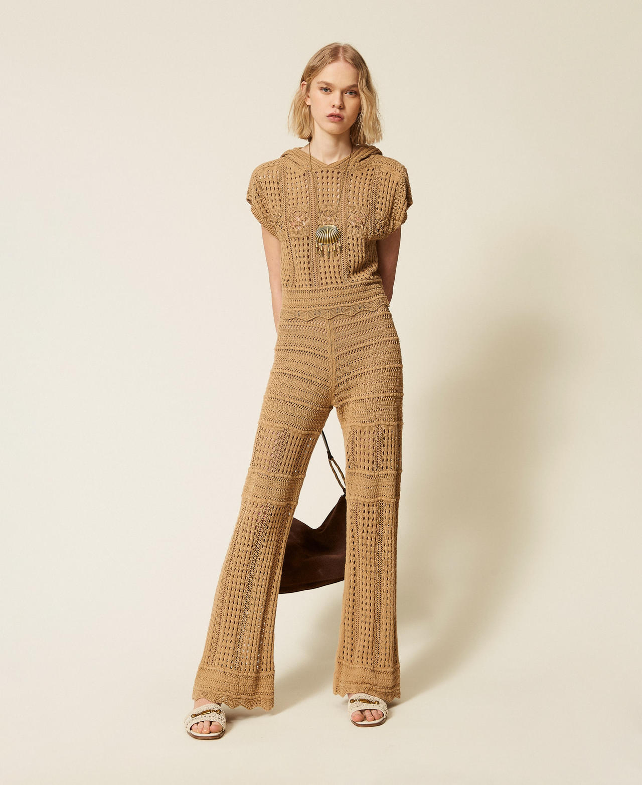 Check knit trousers Cork Brown Woman 261TT3262_13452_01