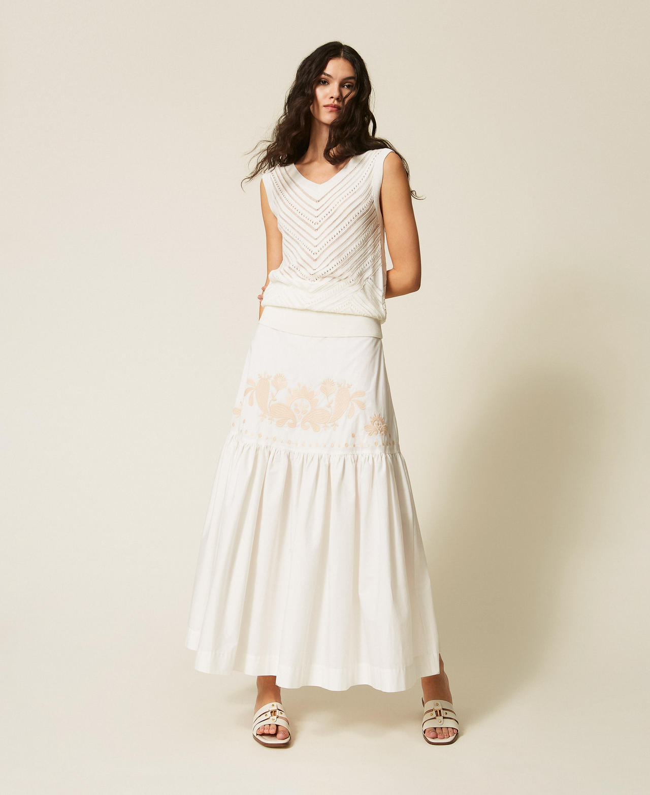 Gonna lunga con balza e ricamo Off White Donna 261AT2040_00526_01
