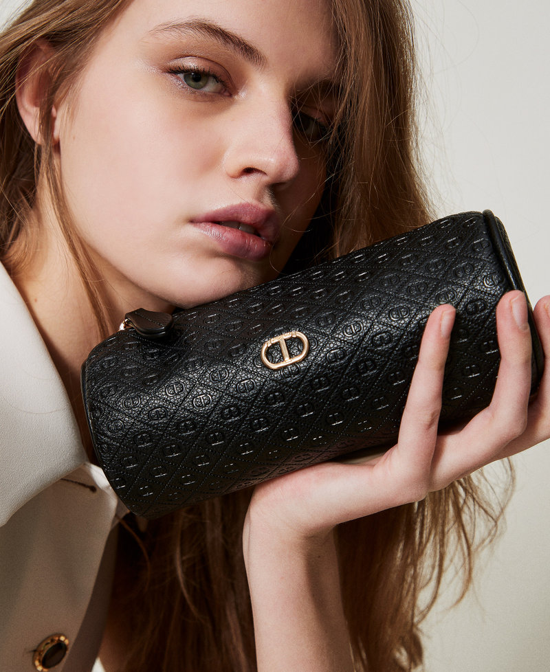 Cylindrical beauty pouch with Oval T logo all over Black Woman 251TH7043_00006_T0