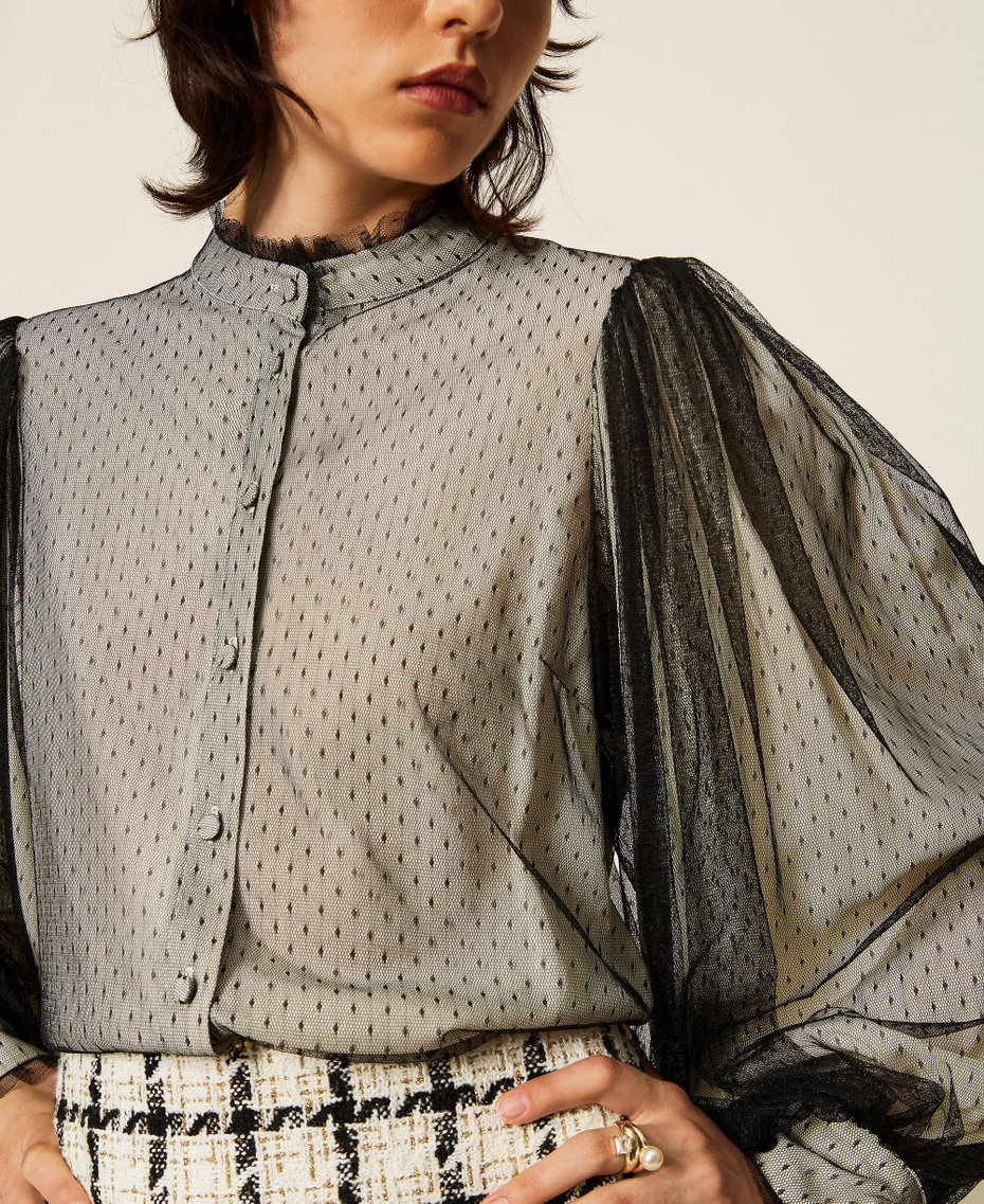 Camicia in cr&ecirc;pe de Chine e tulle plumetis Bicolor Bianco "Madreperla" / Nero Donna 262TP2210_02711_04