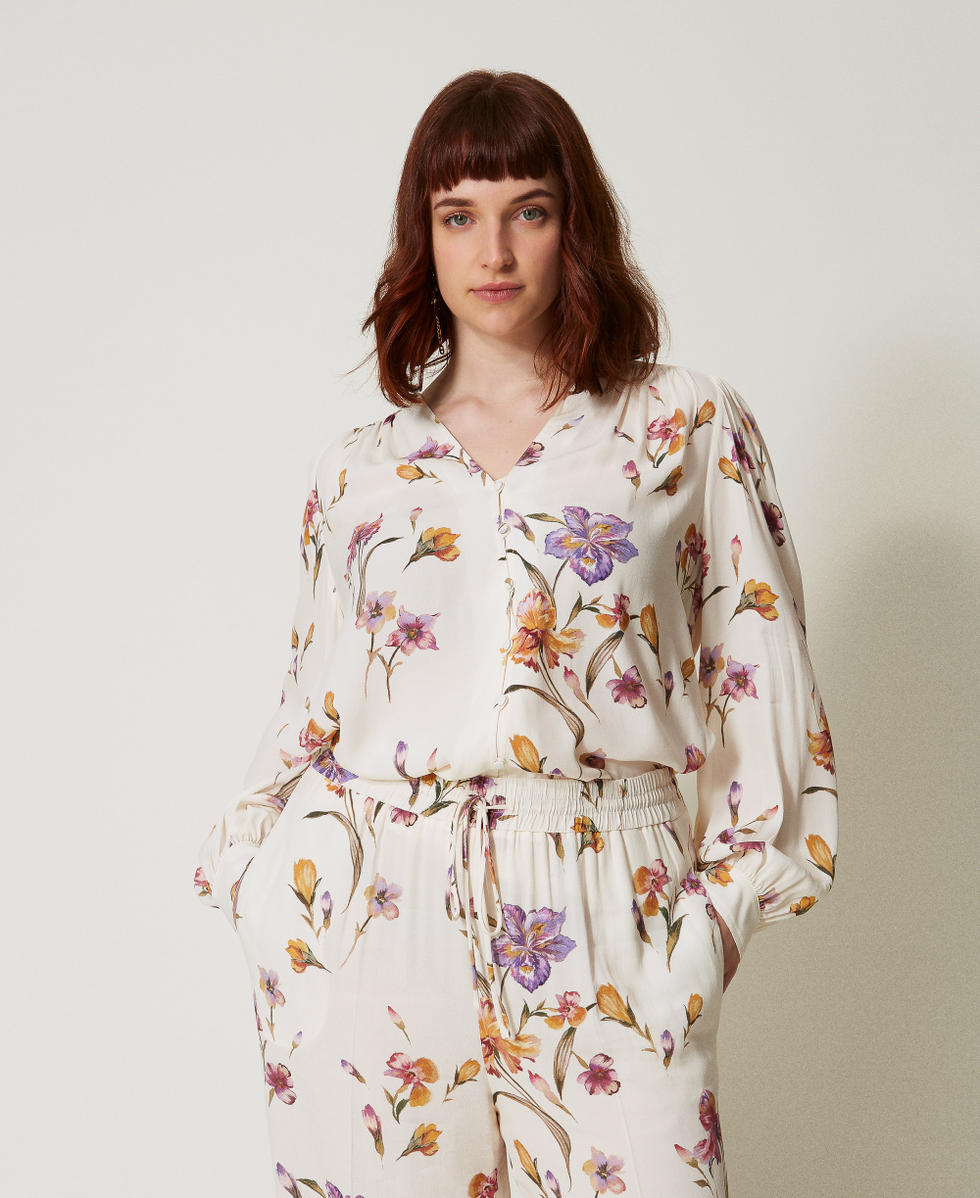 Camicia in cr&ecirc;pe de Chine a fiori Stampa Iris Multicolor / Madreperla Donna 251TP2774_12329_02
