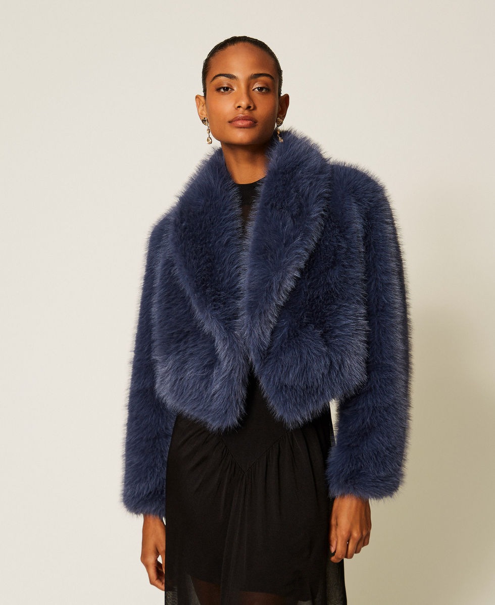 Kurzjacke aus Kunstpelz Indigoblau Frau 262TT2030_01410_01