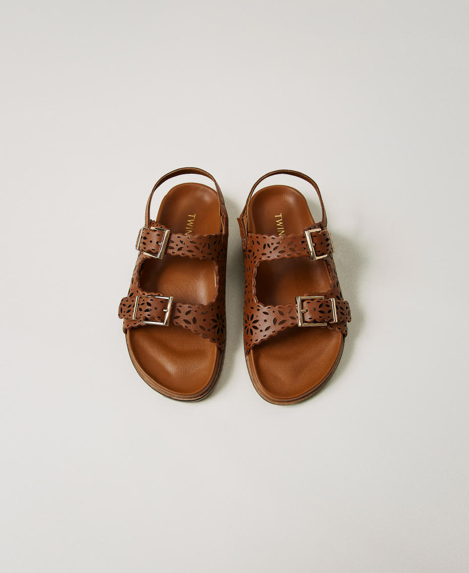 Lasered leather sandals with buckles Leather Brown Girl 251GCJ046_00057_04
