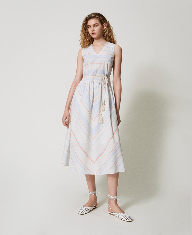 Long linen-blend striped dress Sugar/Coral Sunset/Blue Topaz Stripes Woman 251LM2JAA_12378_01